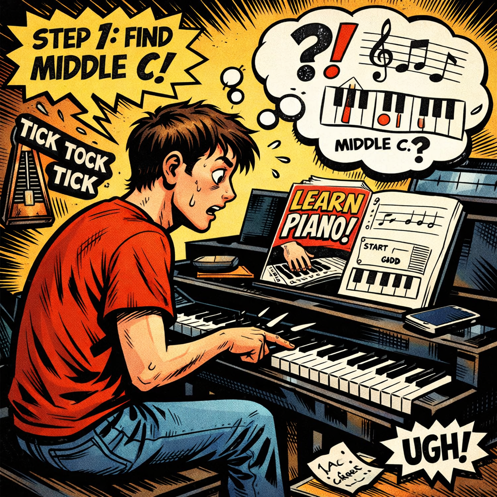 Young person looking confused, pointing at piano keys, surrounded by learning materials and clock ticking