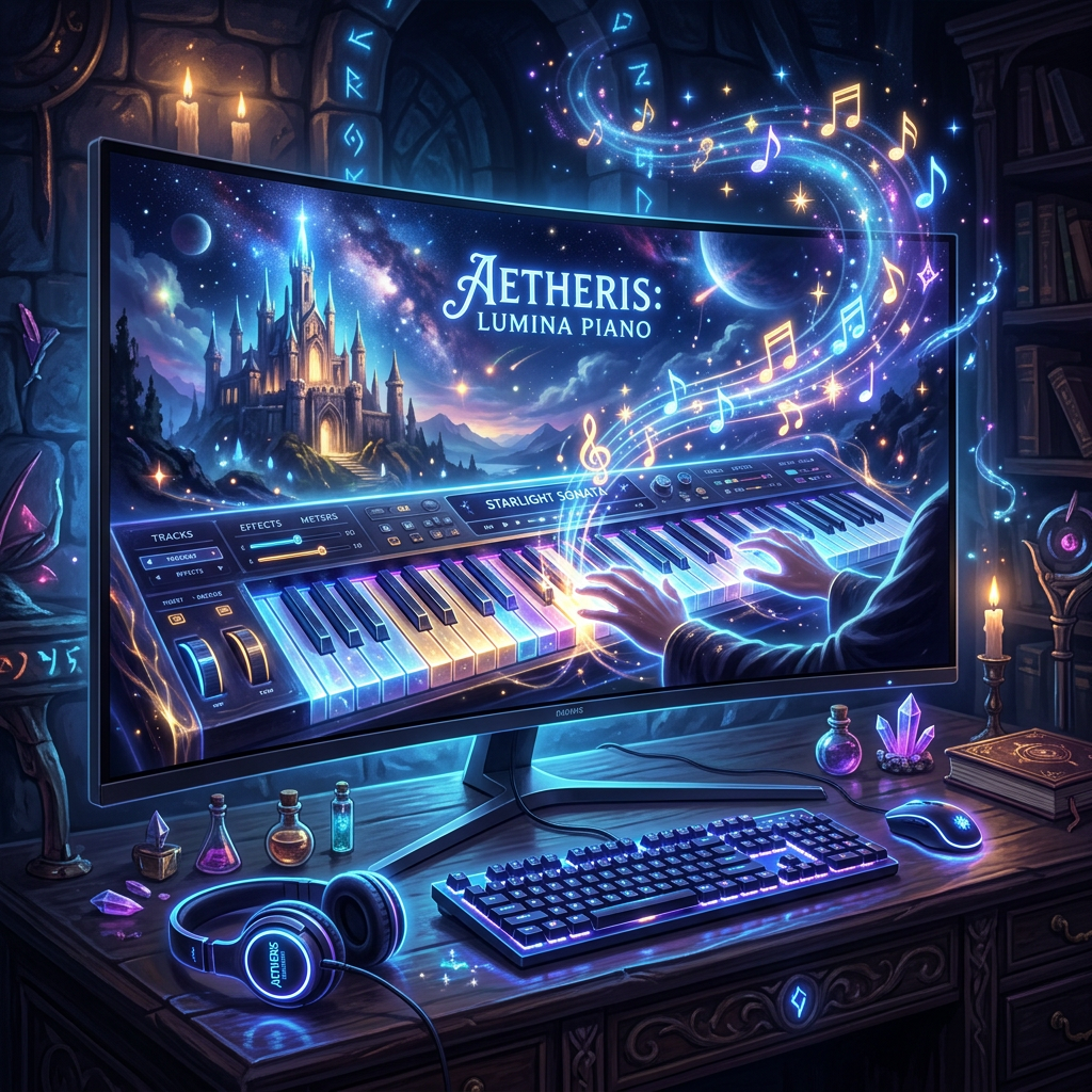 Curved monitor displaying a digital piano with magical music notes and a castle background