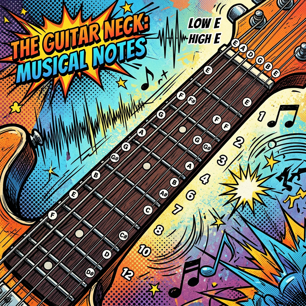 Guitar neck labeled with musical notes from low E to high E strings
