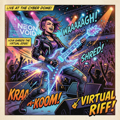 Female guitarist Nova playing glowing electric guitar on stage at Neon Void concert