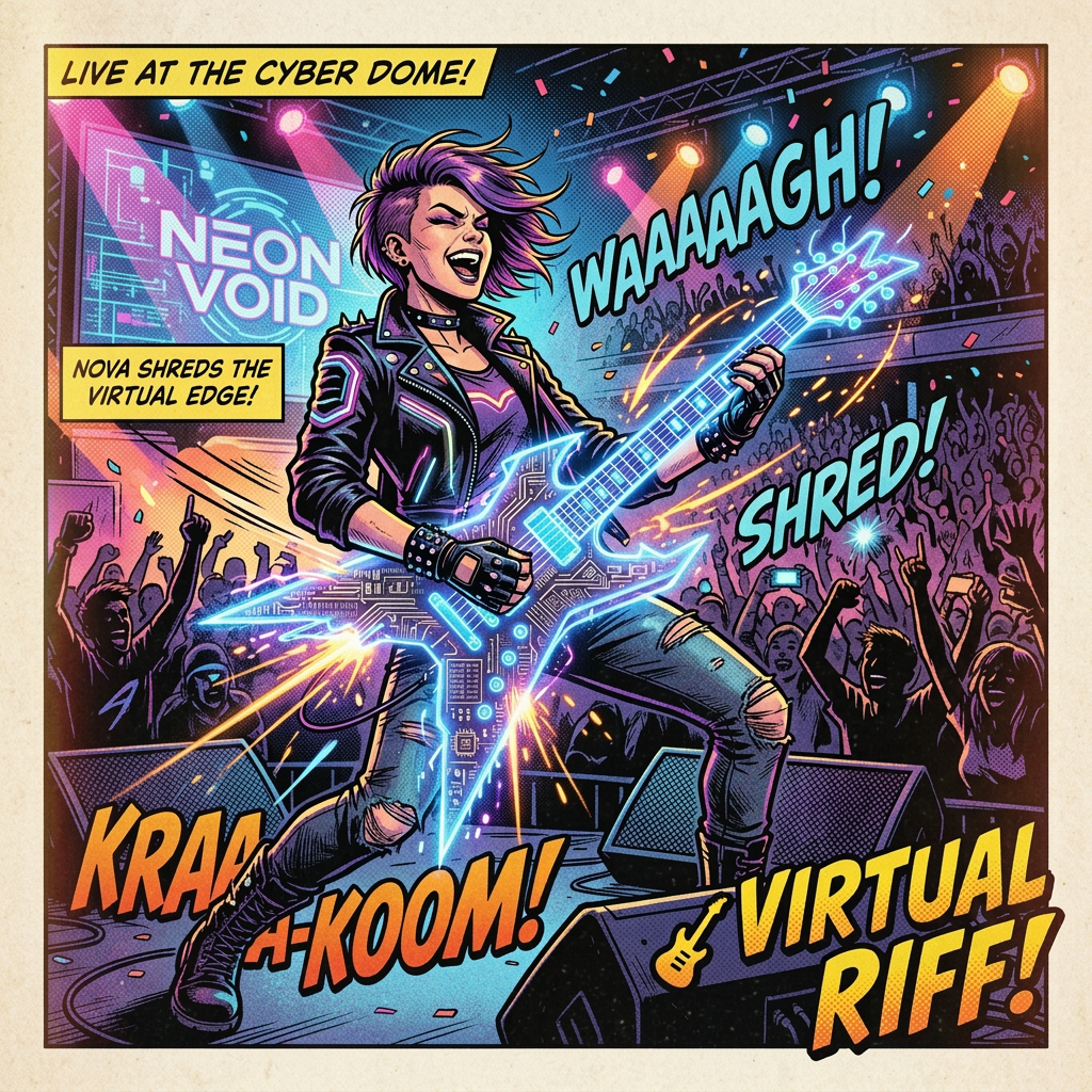 Female guitarist Nova playing glowing electric guitar on stage at Neon Void concert