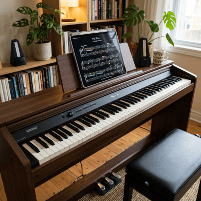 Digital Casio Privia piano with an iPad showing sheet music, two metronomes, and a piano bench.