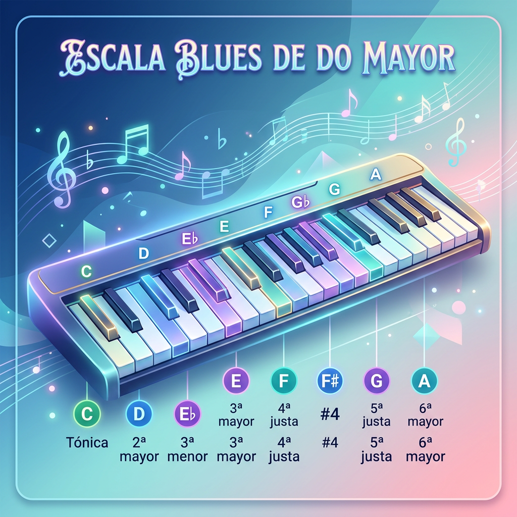 C Major Blues scale notes and intervals shown on a colorful keyboard illustration