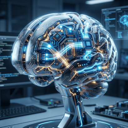 Transparent brain model with integrated circuits and glowing blue and orange lights
