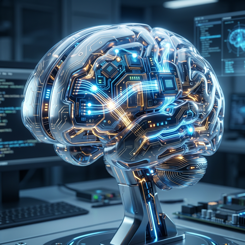 Transparent brain model with integrated circuits and glowing blue and orange lights
