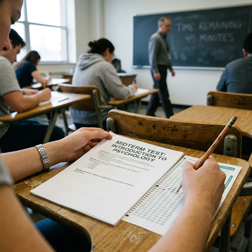 Student taking a midterm test in introduction to psychology during a classroom exam