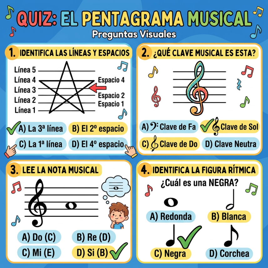 Quiz about identifying musical staff lines, clefs, notes, and rhythm figures in Spanish