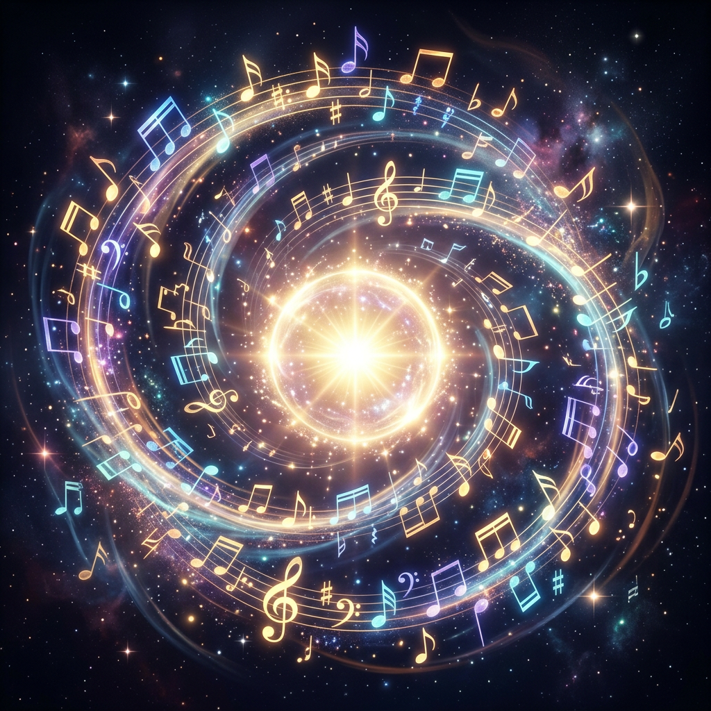 Spiral of colorful musical notes glowing around bright cosmic light