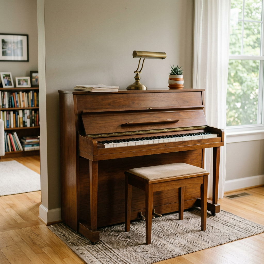 Wooden upright piano with a bench, brass lamp, and potted plant next to a window