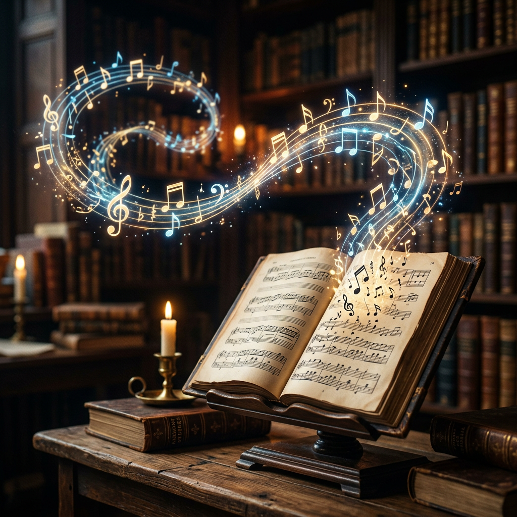 Open vintage music book on stand with glowing floating musical notes above