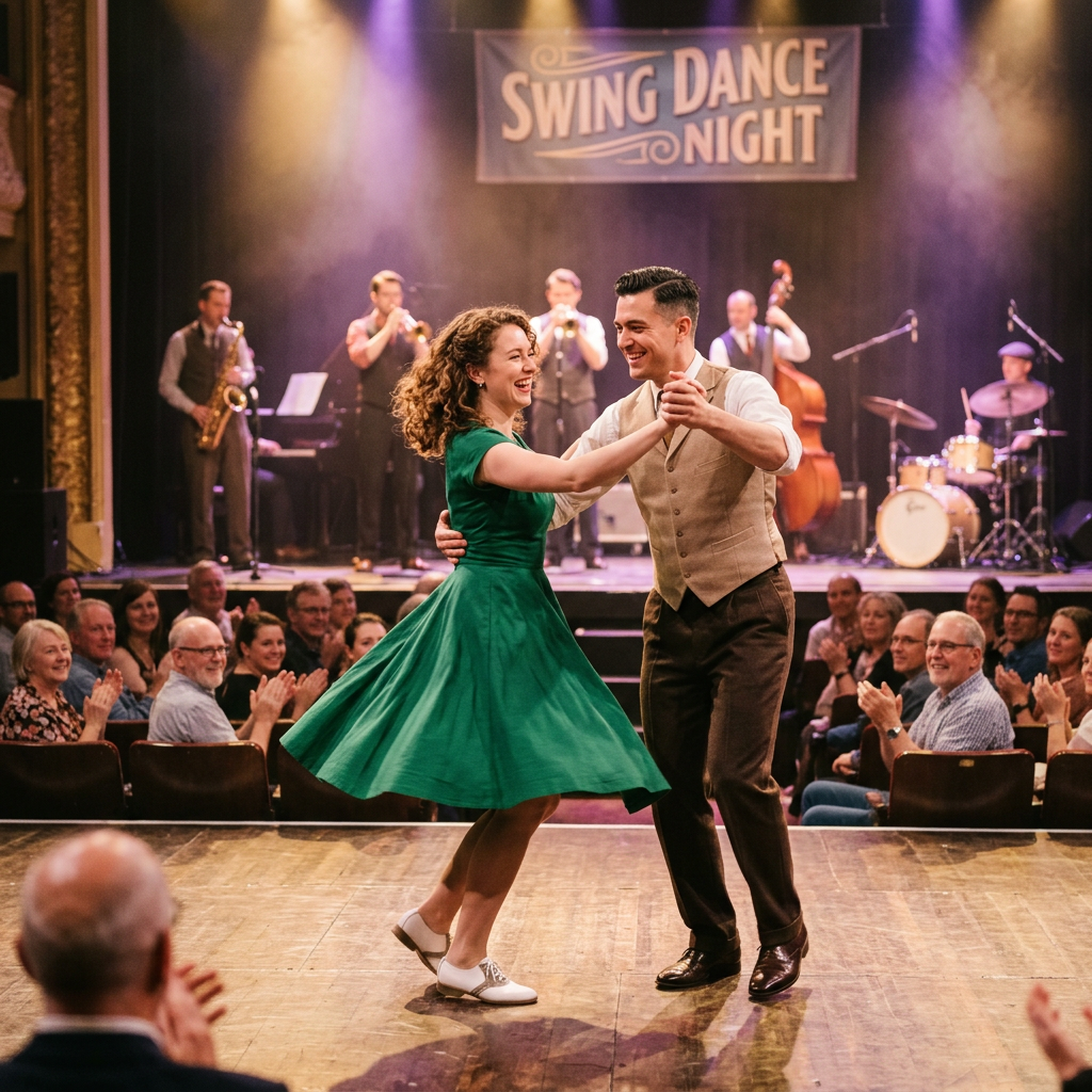Couple dancing swing dance on wooden floor with live band and applauding audience