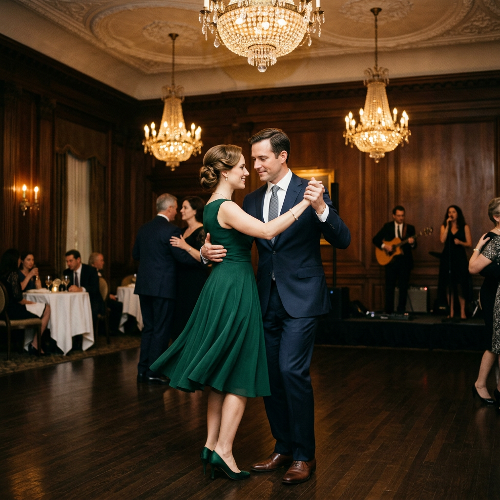 Couple dressed elegantly dancing in a ballroom with chandeliers