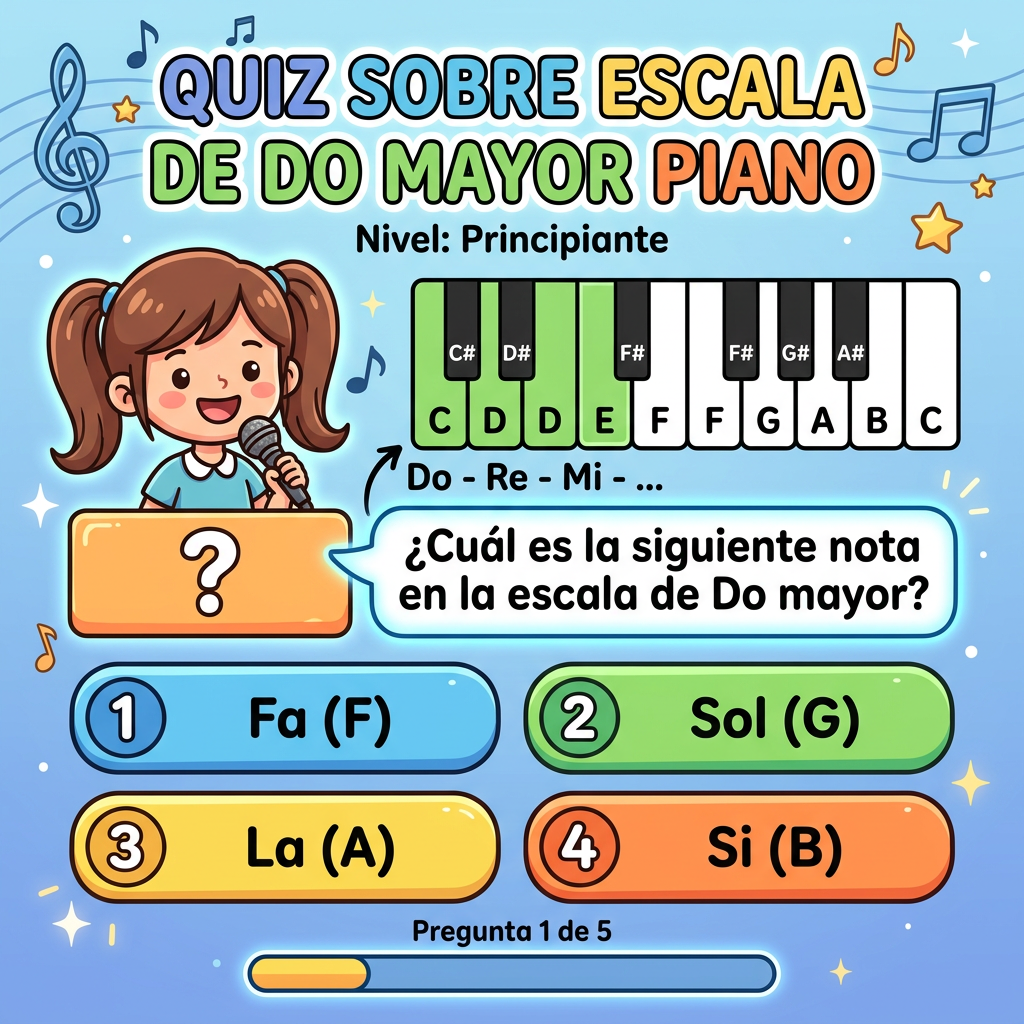 Quiz question asking which note follows Do-Re-Mi in the C major piano scale with answer choices Fa, Sol, La, Si