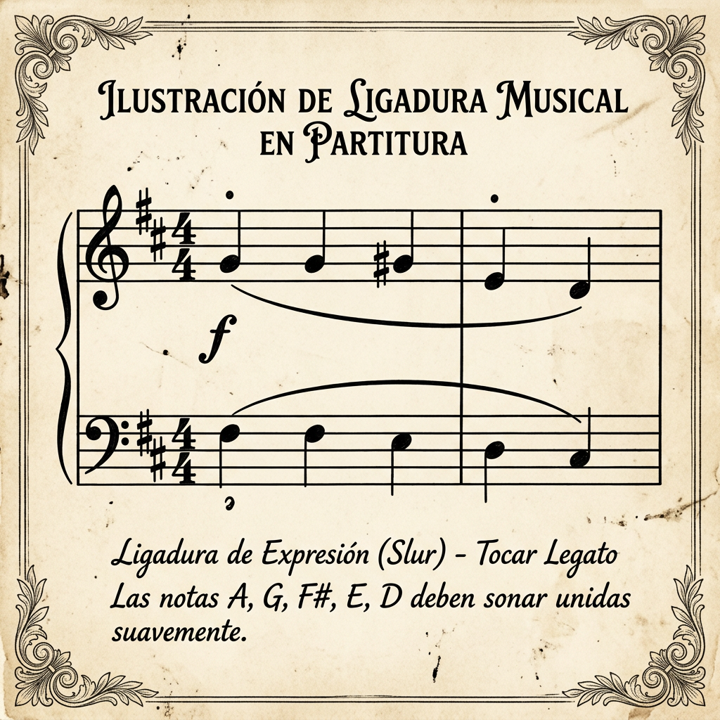 Musical notation showing treble and bass clefs with slur lines connecting notes A, G, F sharp, E, and D