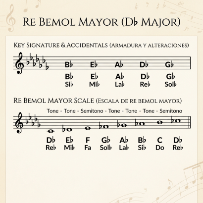 Musical staff displaying Db Major key signature and scale with flats and note names