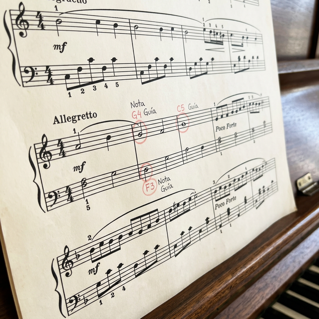 Allegretto piano sheet music with handwritten note names G4, C5, and F3 circled in red ink