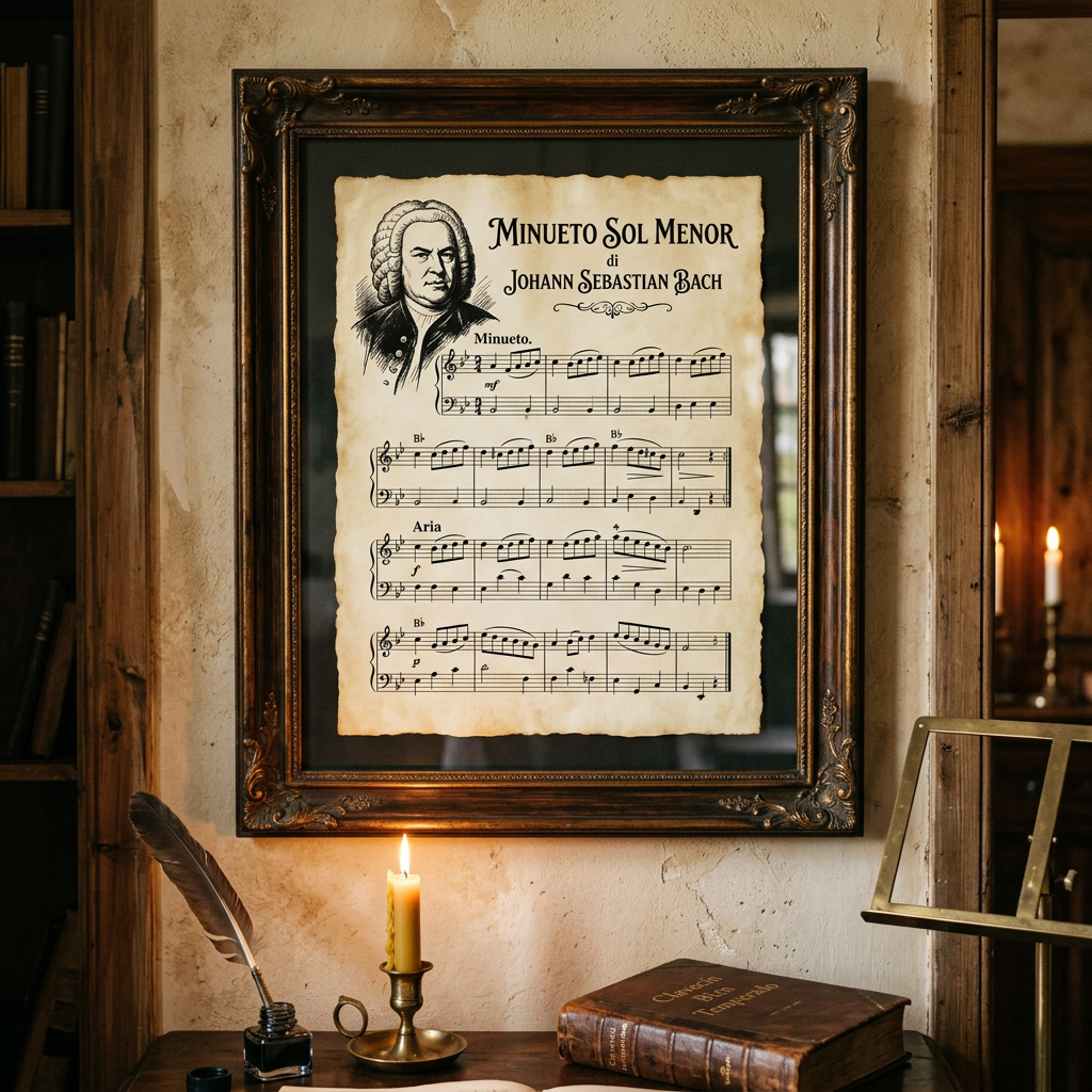 Framed sheet music titled Minueto Sol Menor by Johann Sebastian Bach with musical notes and a portrait of Bach