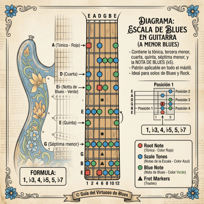 Guitar fretboard diagram with notes for A minor blues scale showing root, scale tones, blue note, and fret markers.
