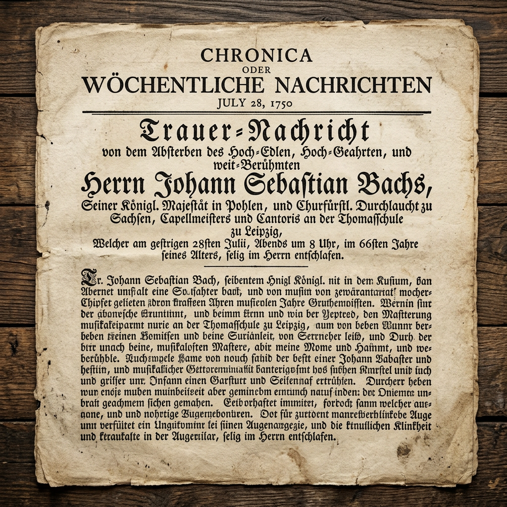 Historical 1750 obituary of Johann Sebastian Bach in German