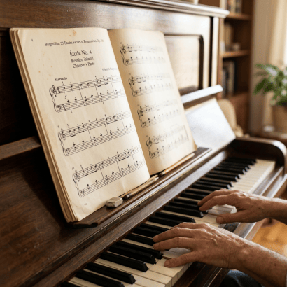 Hands playing piano keys with sheet music for Burgmüller Étude No. 4 on wooden upright piano