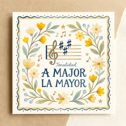 Musical staff with three sharps and text 'Tonalidad A Major La Mayor' framed by yellow and blue flowers
