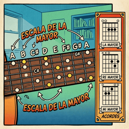 Guitar fretboard highlighting C major scale notes and diagrams of C, F, and G major chords