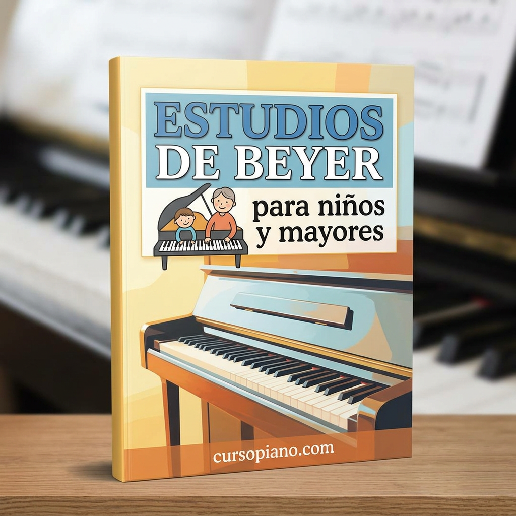 Book cover of 'Estudios de Beyer para niños y mayores' with piano illustration