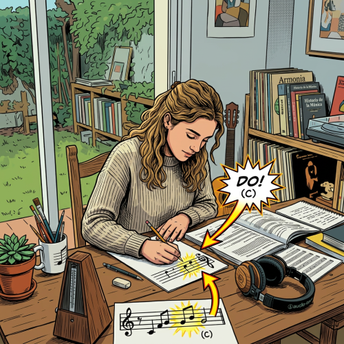 Young woman writing music notes while studying theory at a wooden desk