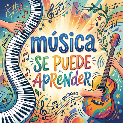Hands playing piano and guitar with text 'música se puede aprender'