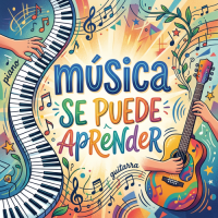 Hands playing piano and guitar with text 'música se puede aprender'