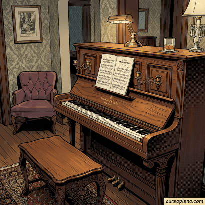 Woman playing an upright piano with sheet music in a vintage-style living room