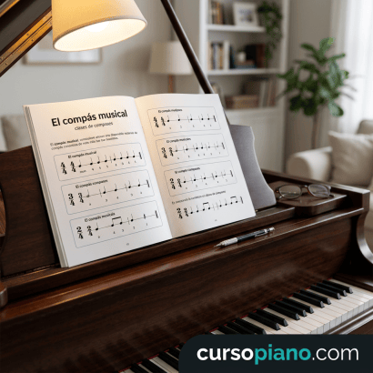 Open Spanish music theory workbook showing musical meter notation on piano stand
