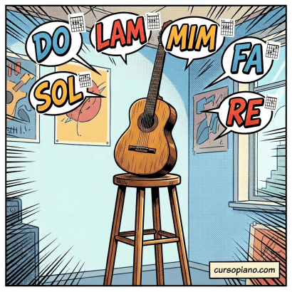 Young man playing acoustic guitar practicing musical notes Do, Re, Mi, Fa, Sol, La, Ti