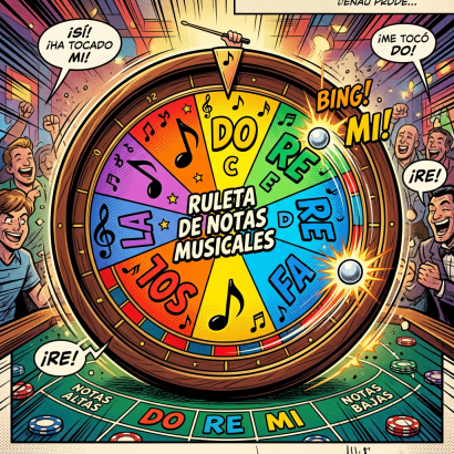 Spinning wheel labeled 'Ruleta de Notas Musicales' with colorful sections of musical notes and letters DO, RE, MI, FA, SOL, LA and people cheering
