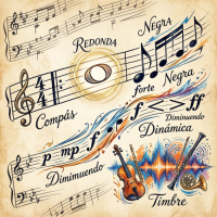 Illustration of musical notes, dynamic markings, and instruments with Spanish musical terms