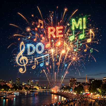 Fireworks displaying musical notes and solfège syllables DO, RE, MI over a river in a city at night