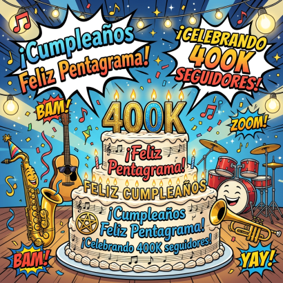 Two-tier birthday cake decorated with music notes and '¡Feliz Pentagrama!' text, surrounded by cartoon musical instruments.