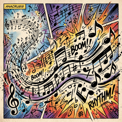 Comic-style illustration of swirling musical notes with words BOOM and RHYTHM