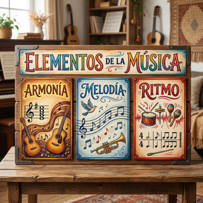 Poster with musical elements: Armonía with guitars and notes, Melodía with trumpet and bird, Ritmo with drums and maracas