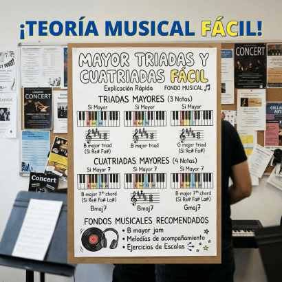 Music theory poster showing major triads and sevenths with keyboard diagrams and notes
