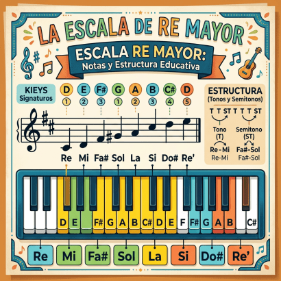 Musical chart showing D major scale notes, keyboard keys, and tone-semitone structure