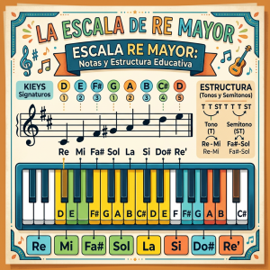 Musical chart showing D major scale notes, keyboard keys, and tone-semitone structure