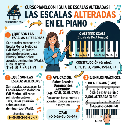 Diagram showing C altered scale on piano keyboard with notes and construction, applications, and practical examples.