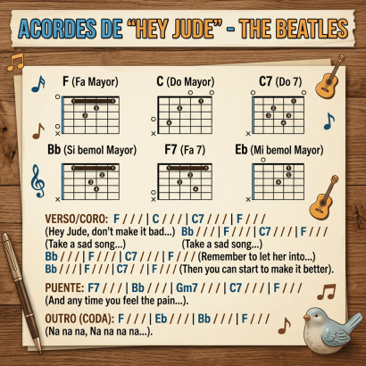 Guitar chord charts for Hey Jude including F, C, C7, Bb, F7, Eb chords with song lyrics in Spanish.