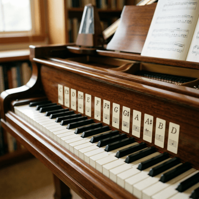Piano keyboard with labeled notes from C to D above keys