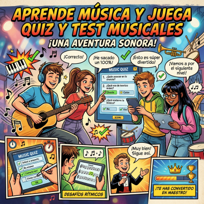 Children participating in a music quiz game using tablets and guitars