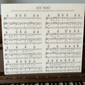 Sheet music for 'My Way' by Paul Anka and others on a piano stand