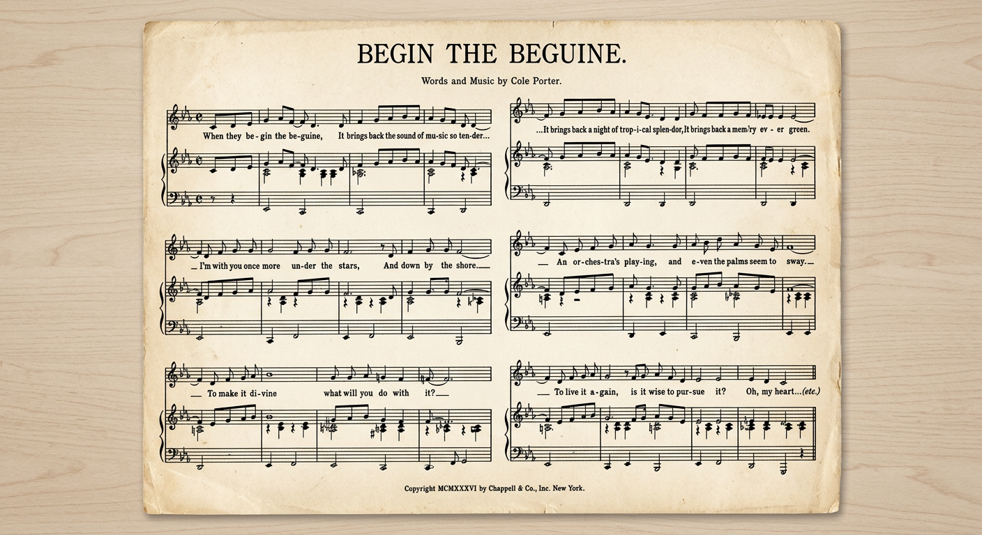 Sheet music for Begin the Beguine by Cole Porter with musical notes and lyrics