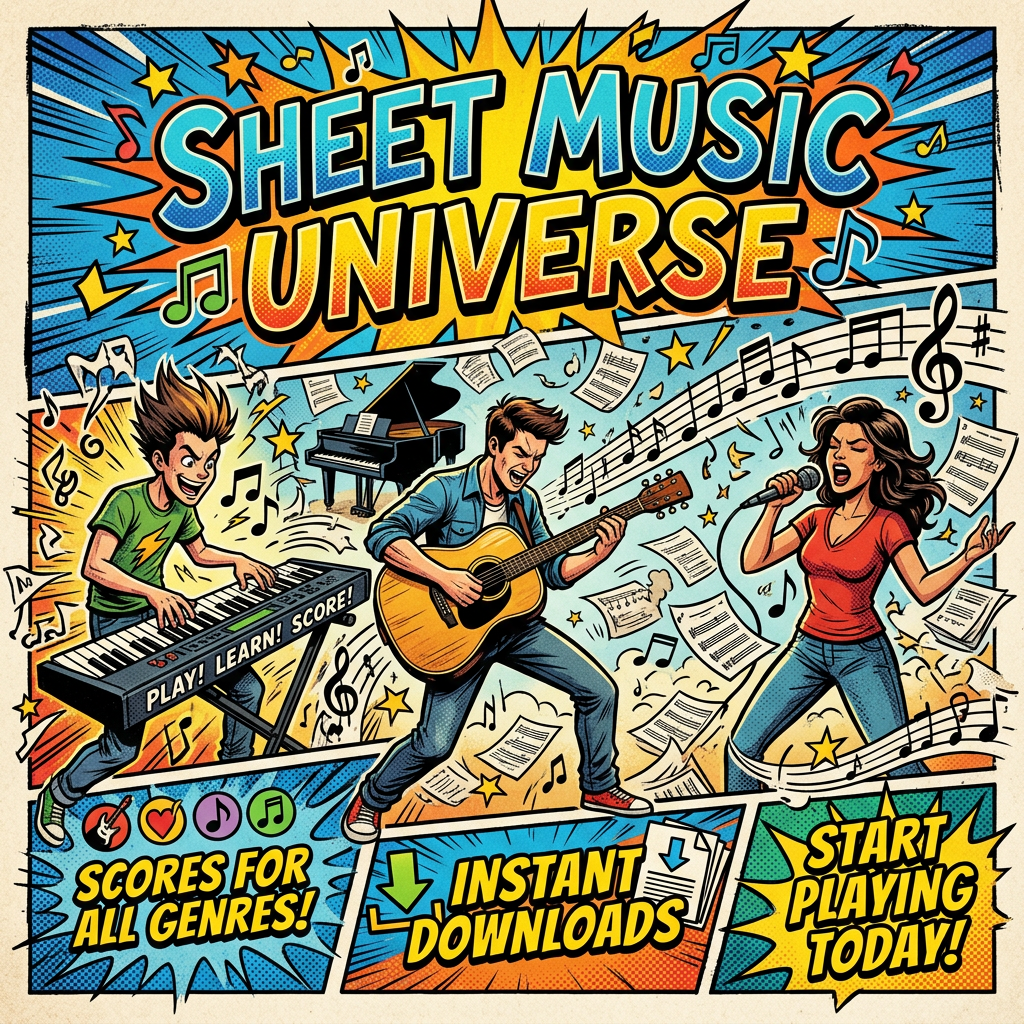 Animated characters playing keyboard, guitar, and singing around musical notes with text about sheet music and downloads.