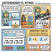 Interactive comic teaching rhythm with note values, tapping, and drag-and-drop activities